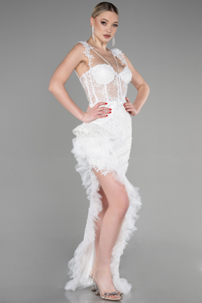 Длинное Кружевное Вечернее Платье Белый ABU3317