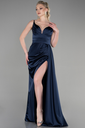 Платья на Выпускной Длинный Атласный Темно-синий ABU3635