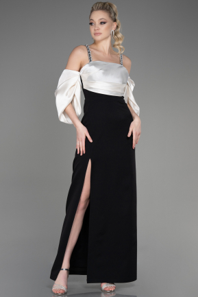 Длинное Пригласительное Платье Чёрный-Бежевый ABU2911