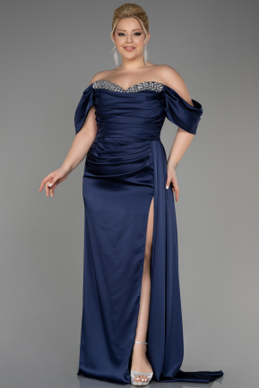 Платье для помолвки большого размера Длинный Атласный Темно-синий ABU3655