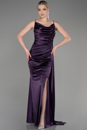 Длинное Атласное Выпускное Платье Тёмно-пурпурный ABU2539