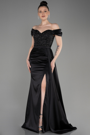 Длинное Атласное Вечернее Платье Черный ABU3187