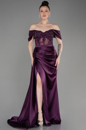 Длинное Атласное Вечернее Платье Тёмно-пурпурный ABU3895