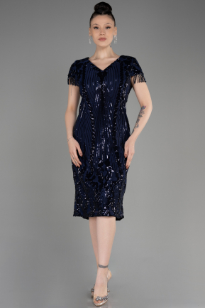 Платье для приглашения большого размера Миди Чешуйчатый Темно-синий ABK2028