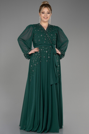 Длинное Шифоновое Вечернее Платье Изумрудно-зеленый ABU3075