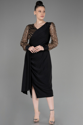 Платье для приглашения большого размера Миди Черный-Золотой ABK2053