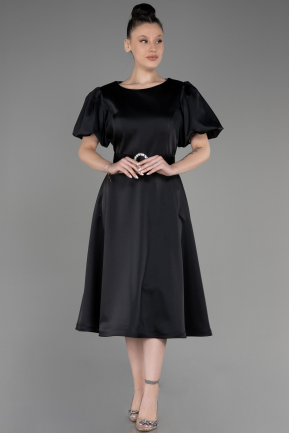 Платье для приглашения большого размера Миди Атласный Черный ABK2055