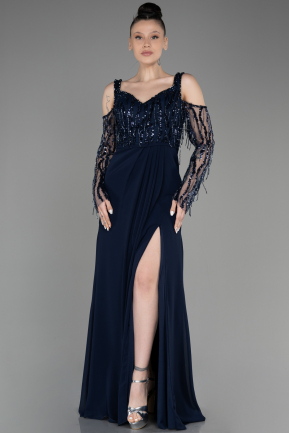 вечернее платье большого размера Длинный Сифон Темно-синий ABU3873