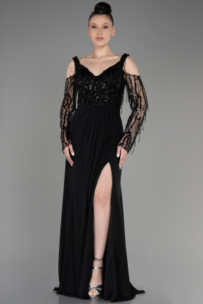 Siyah Pullu Uzun Kol Yırtmaçlı Şifon Abiye Elbise ABU3872