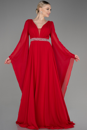 Kırmızı Uzun Şal Kol V Yaka Şifon Abiye Elbise ABU3541
