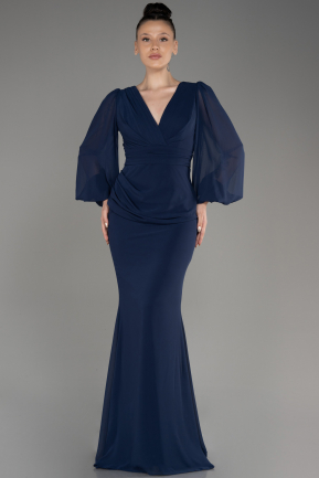 Длинное Шифоновое Вечернее Платье Темно-синий ABU3096