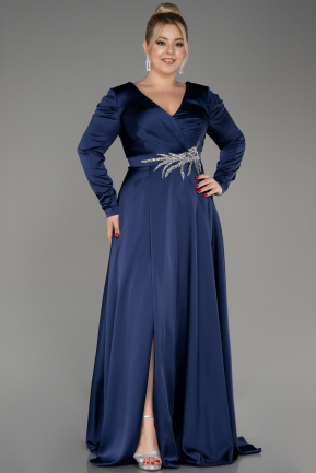 Платье для помолвки большого размера Длинный Атласный Темно-синий ABU3941