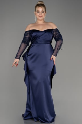 Свадебное платье большого размера Длинный Атласный Темно-синий ABU3943