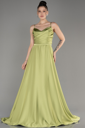 Длинное Атласное Вечернее Платье Фисташковый ABU1601
