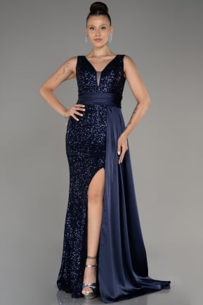 Платье для помолвки большого размера Длинный Темно-синий ABU4030