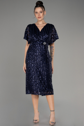 Платье для приглашения большого размера Миди Чешуйчатый Темно-синий ABK2104