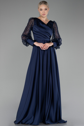 Длинное Атласное Вечернее Платье Темно-синий ABU3143
