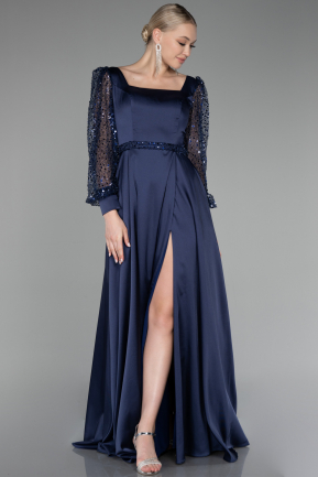 вечернее платье большого размера Длинный Атласный Темно-синий ABU4124