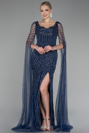 Платье для помолвки большого размера Длинный С камнями Темно-синий ABU4128