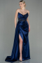 Платье на выпускной большого размера Длинный Атласный Темно-синий ABU3855