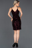 Bordo Pul Payetli Kadife Davet Elbisesi ABK675