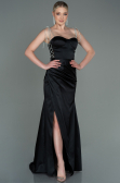 Длинное Атласное Выпускное Платье Черный ABU3198