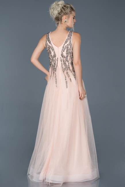 Pudra Uzun Özel Tasarım Taşlı Abiye Elbise ABU878