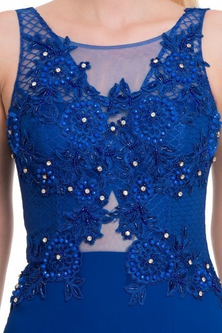 Uzun Saks Mavi Abiye Elbise F2088