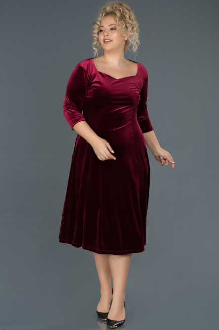 Bordo Midi Dekoltesiz Büyük Beden Kadife Elbise ABK684