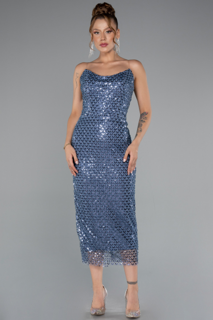 Коктейльные Платья Миди Чешуйчатый Индиго ABK2389