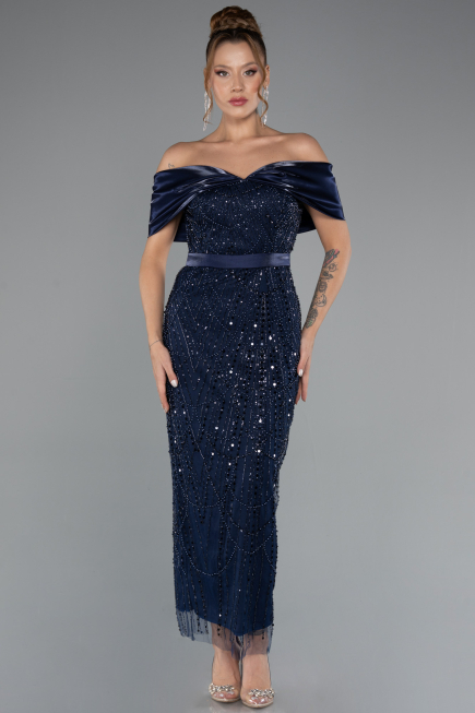 Коктейльные Платья Миди Из бисера Темно-синий ABK2453
