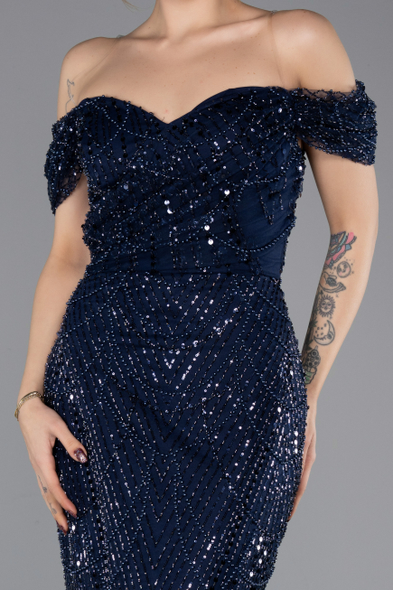 Вечерние Платья Длинный Из бисера Темно-синий ABU5557