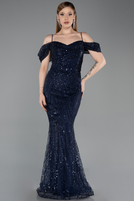 Вечерние Платья Длинный Из бисера Темно-синий ABU6190