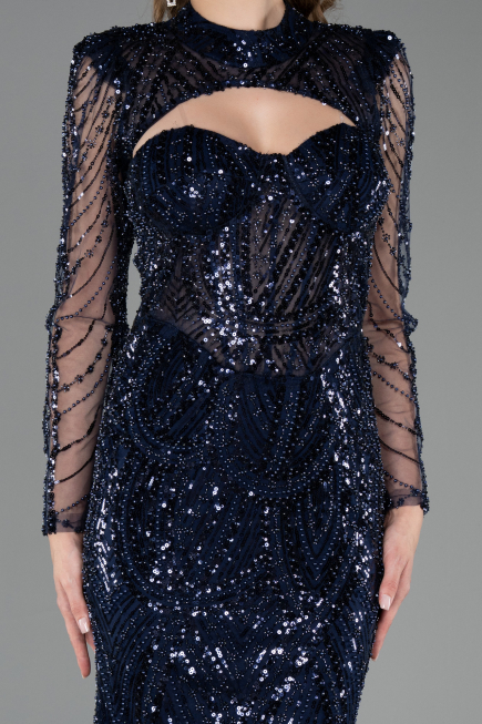 Вечерние Платья Длинный Из бисера Темно-синий ABU6564