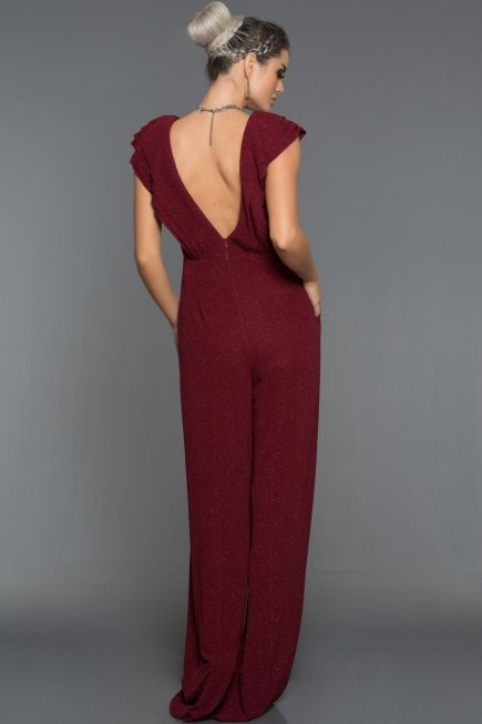 Bordo Kolye Detaylı Simli Tulum C7241