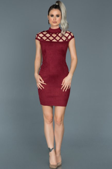 Bordo Lazer Kesim Süet Elbise ABK256