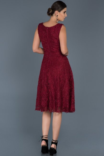 Bordo Dantelli Midi Boy Elbise ABK317