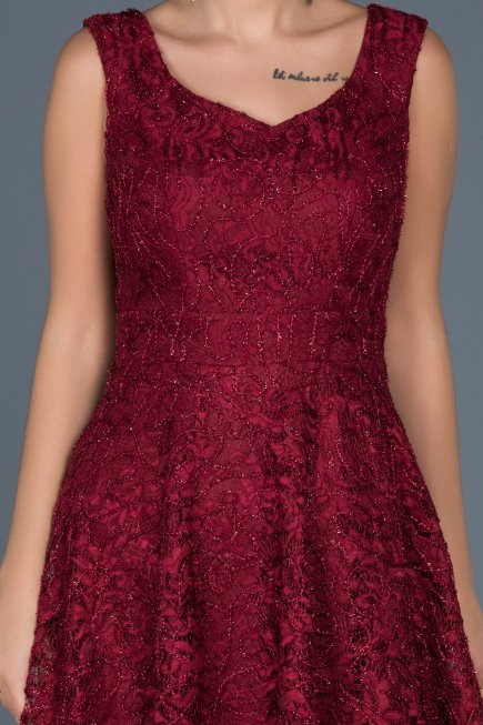Bordo Dantelli Midi Boy Elbise ABK317