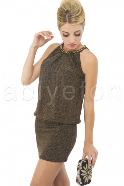 Gold Mini Taş İşlemeli Abiye Elbise C5109